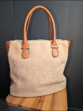 UGG Cream Shearling Tote with Tan Leather Handles